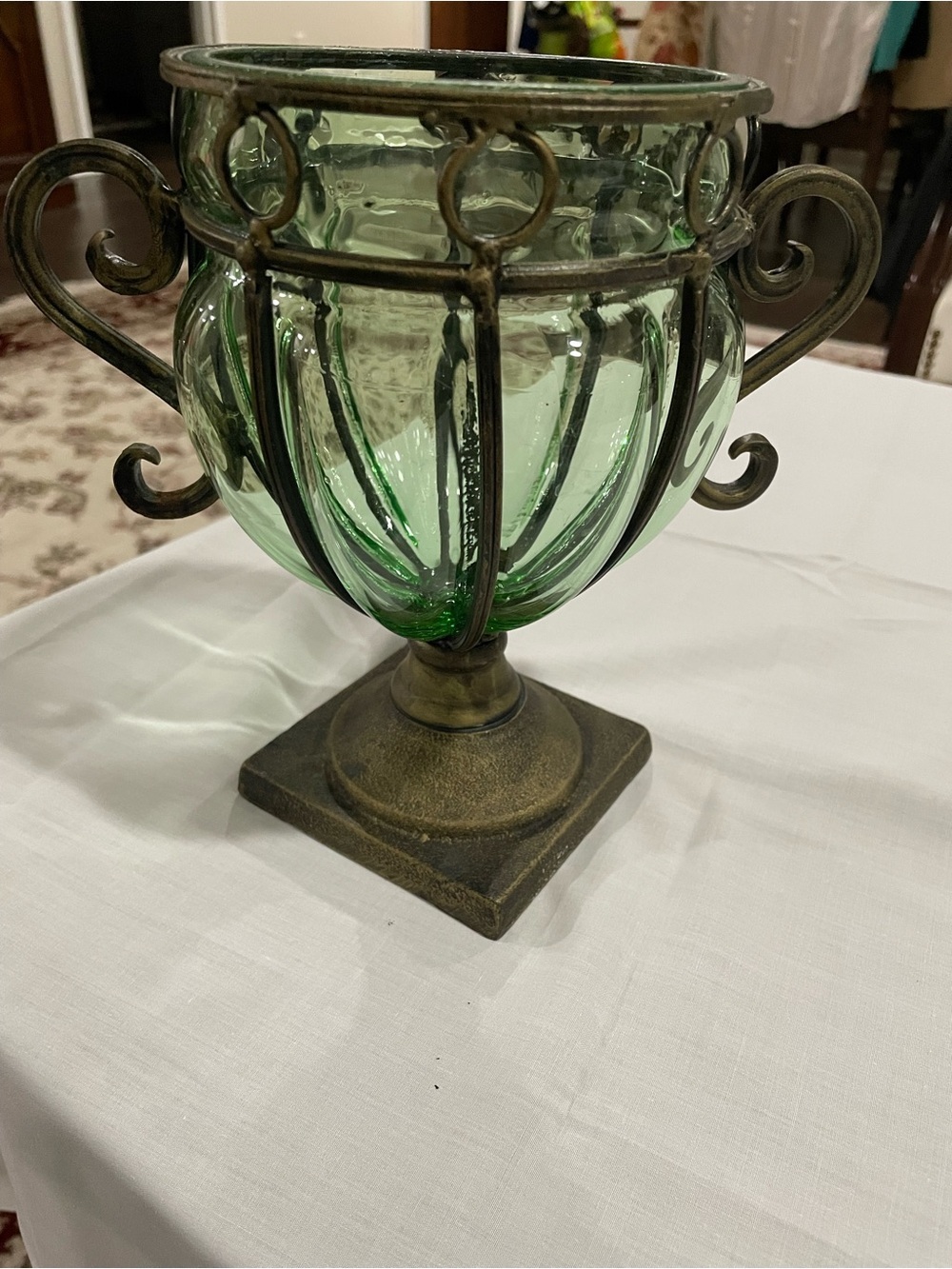 Vintage hand blown Caged green glass and wrought iron vase